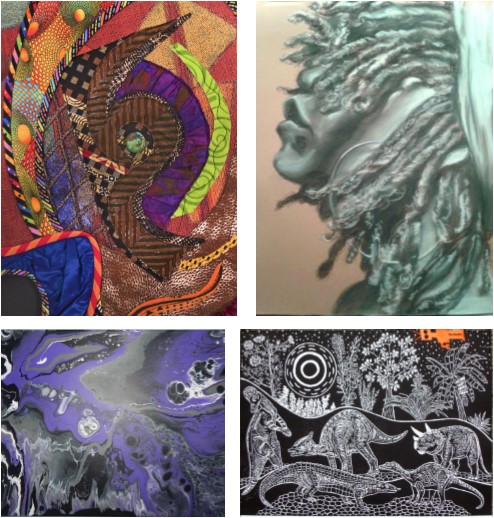 4 different photos of artwork from artist that will be at the Soul of Art Folk Event