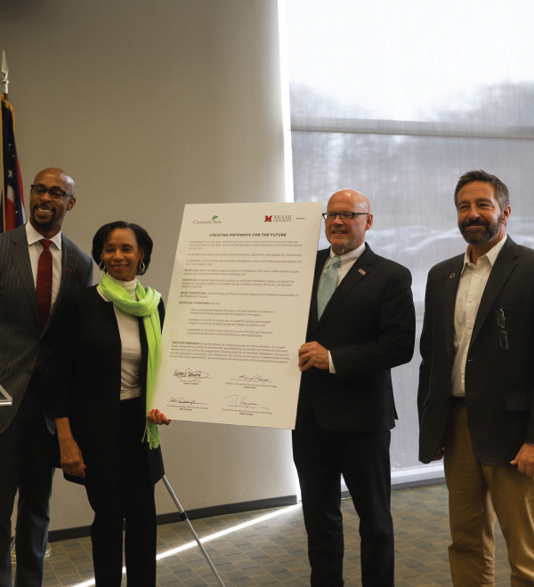 Vice President and Dean of Miami’s Regionals campuses Ande Durojaiye, Cincinnati State President Monica Posey, Miami President Gregory Crawford, and Cincinnati State Provost Robbin Hoopes.