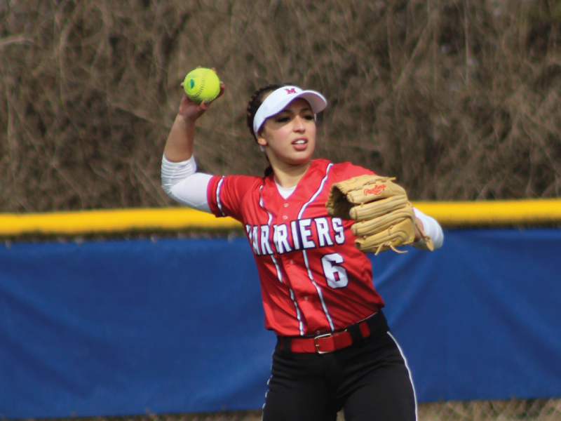 Harriers softball player throwing the ball