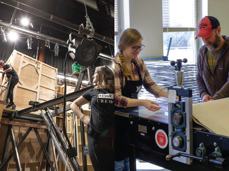 Left image: Stage crew members working on a theatre set. Right image: Student and professor using a printing machine.