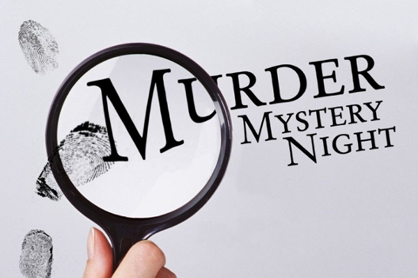 Large Magnifying glass amplifying text that reads Murder Mystery Night