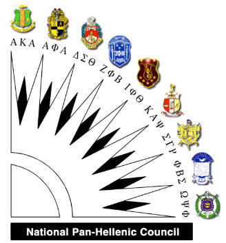 National Pan-Hellenic Council Logo. In addition to a starburst shape, there are 9 NPHC greek letter orgs listed with their shields.