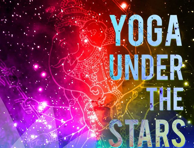 Colorful, starry night sky with text reading Yoga Under the Stars