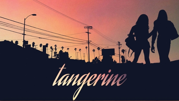Two female figure silhouettes in front of city silhouette at sunset. Text reads Tangerine.