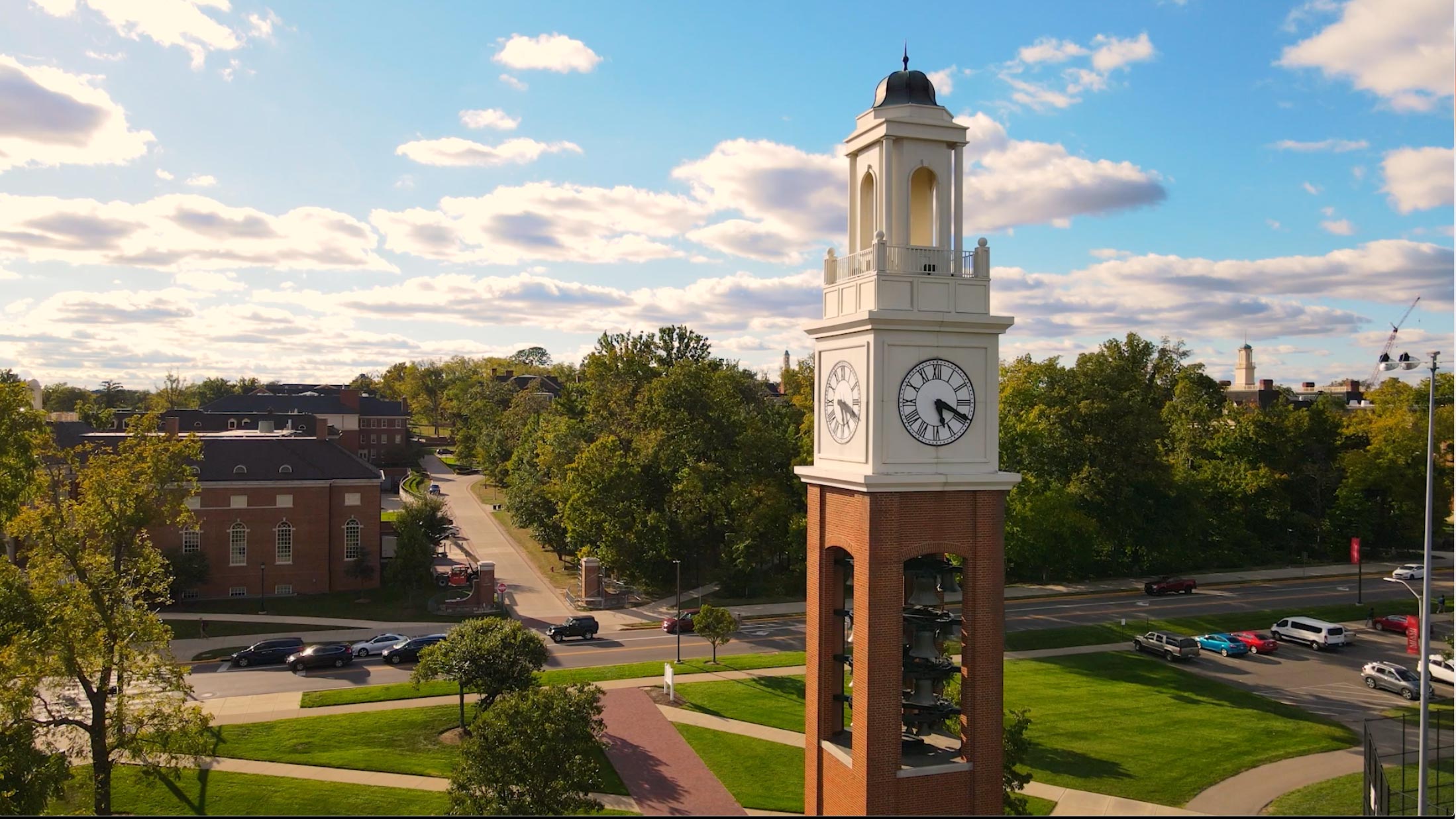 Arial view of Miami's Oxford campus with the close up of the Pulley bell tower