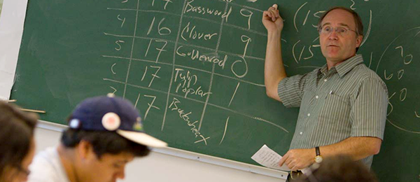 A professor standing in front of a class pointing towards a green chalkboard