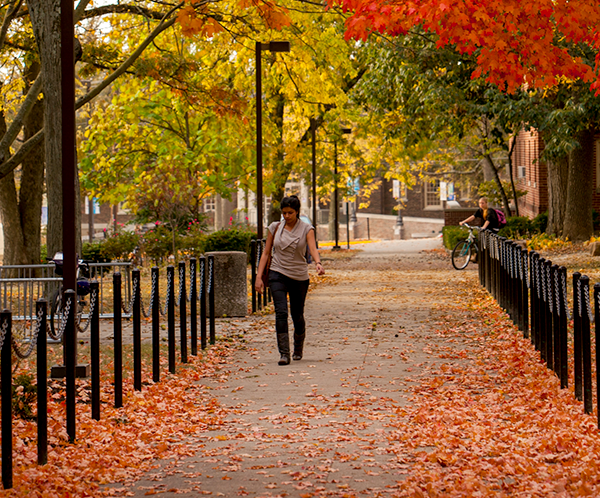 Miami student walking across campus with orange and red leaves covering the sidewalk