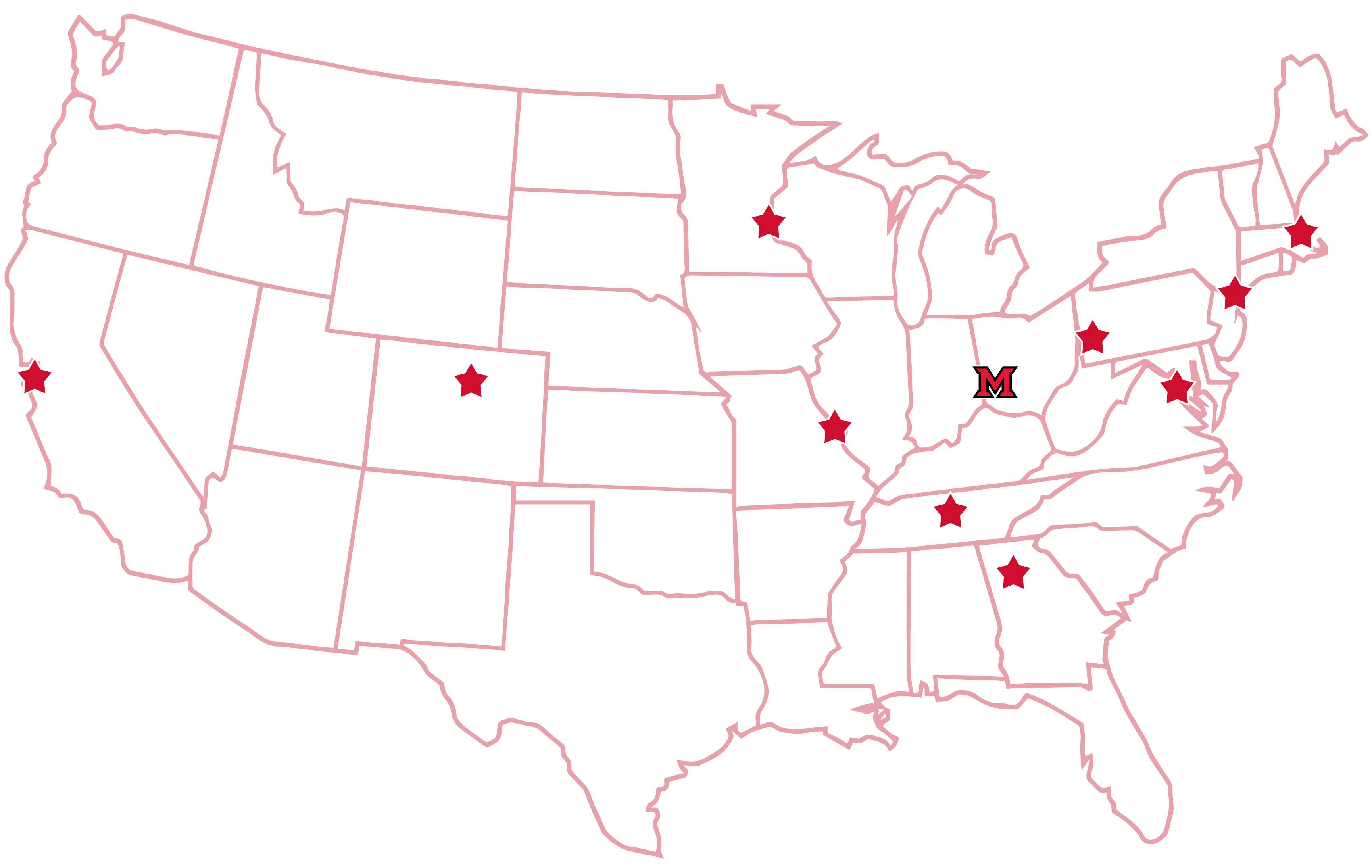 Map of the US indicating locations of the Red Brick Roadshow