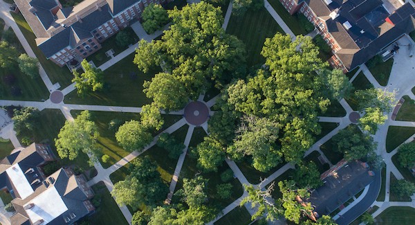 Aerial view over the Hub of the Oxford campus in the summer