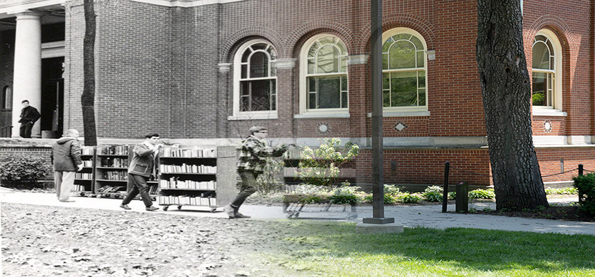 King Library through the ages. the left side of the image is in black and white there are students pushing book carts. on the left the image in in color.