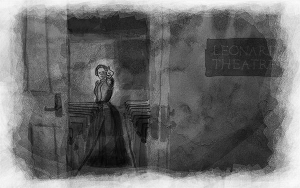 An old woman standing in the aisle of Leonard theater points at you as the lights in the theater flicker