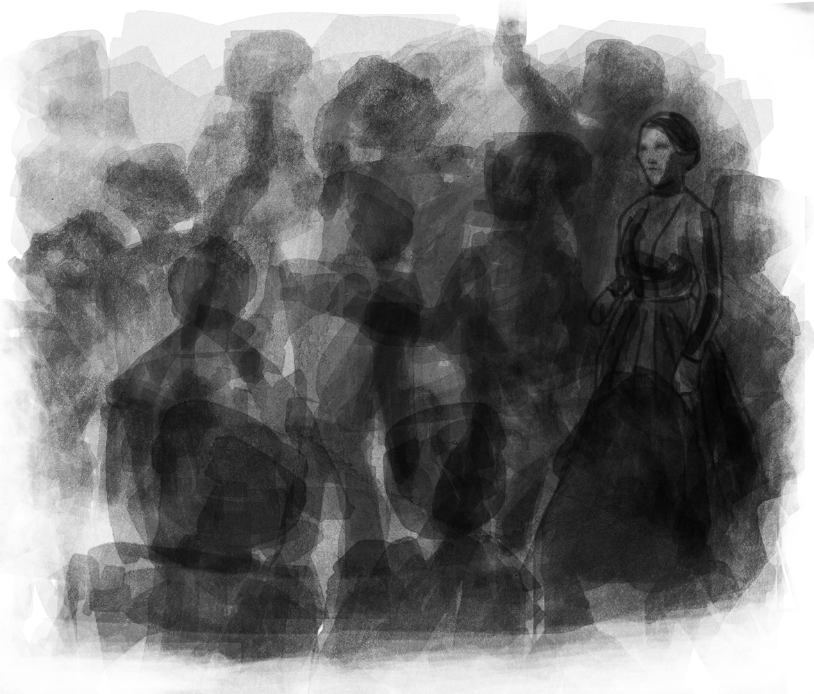 A woman wearing an old-fashioned dress stands in the corner of a group of people at a party