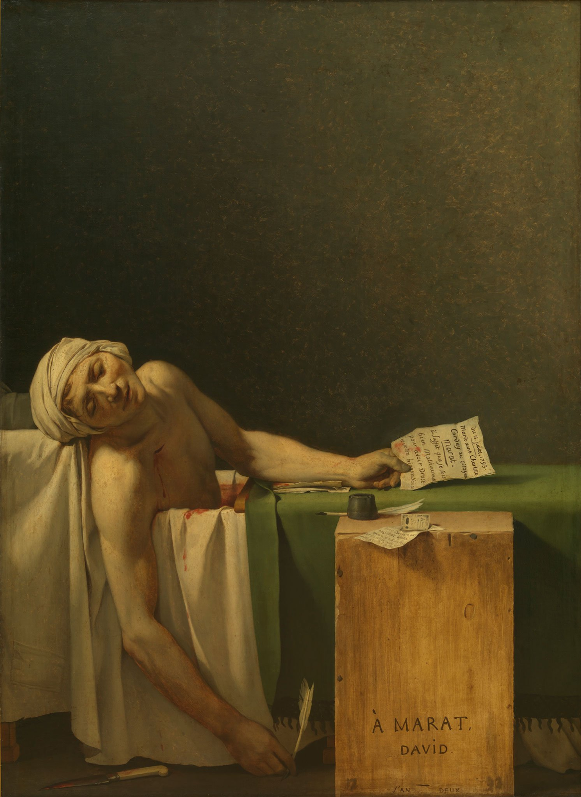 A painting titled "Death of Marat" by Jacques-Louis David. Marat is dead, hanging over the side of a white bath tub. He appears to have been writing, he holds a pen, and an ink pot and paper with writing are nearby. He wears a white turban, and white material is draped over the tub. The material is spotted with splashes of blood and a bloody knife lays on the floor. The top half of the painting is empty, showing only a dark green wall. Marat and his bath, mostly in white, take up the lower half of the painting.