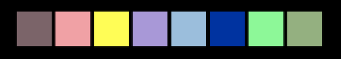 8 squares of colors on a black background square one is a purple brown, square 2 is a salmon pink, square three is a matte yellow, Square four is a lilac purple, Square five is a sky blue, square six is a cobolt bright dark blue, square seven is a pale bright green, square eight is a moss, kaki green