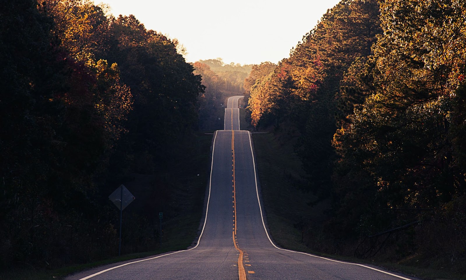 Two lane road going up hill surrounded by trees changing to fall colors