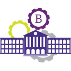 Purple school building with three gears behind it including a purple one with a letter B in the middle