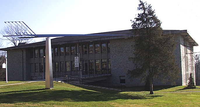 Hoyt Hall from the north-west including the arrow sculpture in front