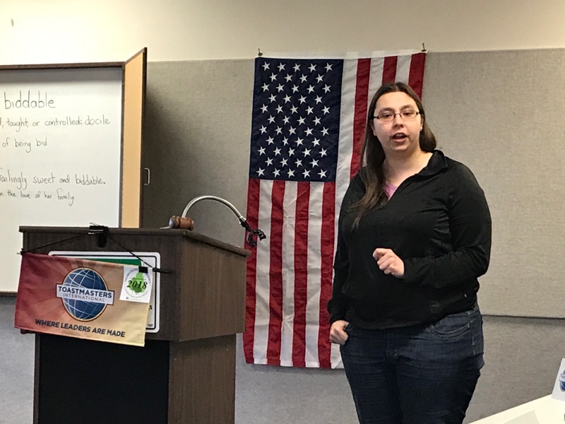 Emily Schmidt speaking at an Oxford Toastmasters meeting