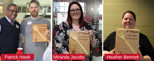 the winners of the chili competition - first place to patrick hawk on the left, miranda jacobs in the middle, and heather bennett on the right