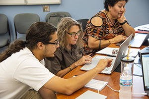 Students using the database tool to search for language during the Breath of Life workshop