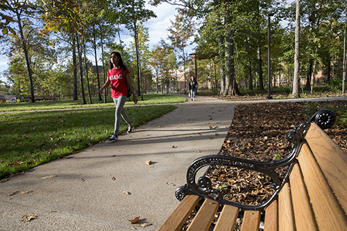 female-presenting student walks down the sidewalk next to a bench on campus