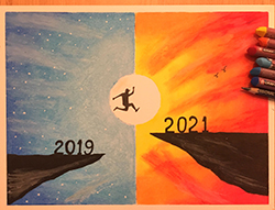 a painting depicting a person leaping from 2019 to 2021
