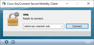The interface for the VPN client. It displays adminvpn.miamioh.edu in the dropdown menu