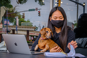 A masked student on a Mac laptop with a dog in their lap