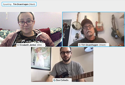 Three web conferencing windows showing Elizabeth Jenike, Tim Gruenhagen, and Gus Coliadis. Gus is holding a guitar.