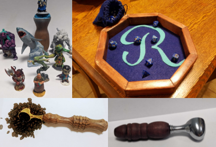 A grid of four photos. Top left: Several painted miniatures. Top right: a dice tray and several gaming dice. Bottom left: Coffee scoop and coffee beans. Bottom right: Coffee scoop.