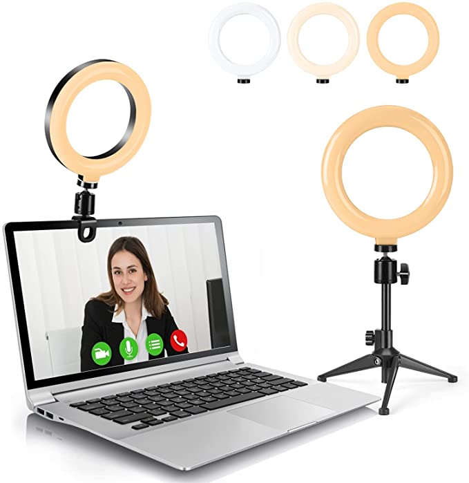 A ring light situated on a laptop and on a stand