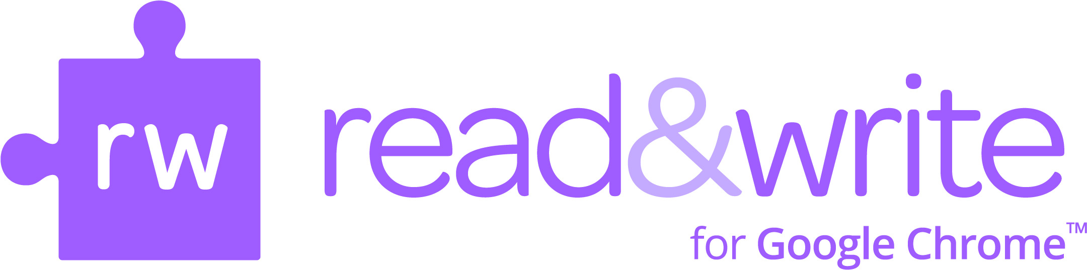 Read&Write's logo: a purple puzzle piece with "rw" inside. then it reads "read&write for Google Chrome"