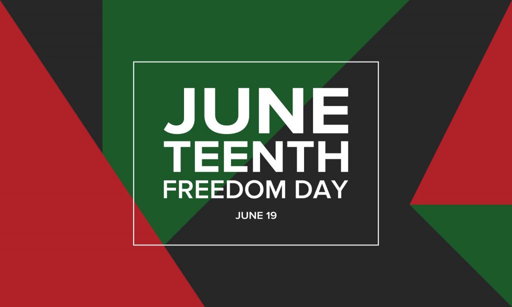 Image of the colors of the Juneteenth flag with words on top saying "Juneteenth Freedom Day June 19"
