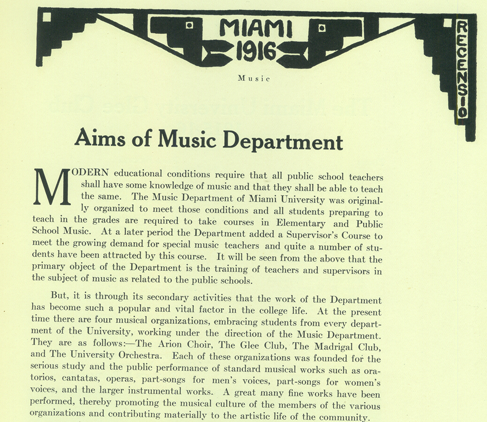 1915 yearbook article about music opportunities