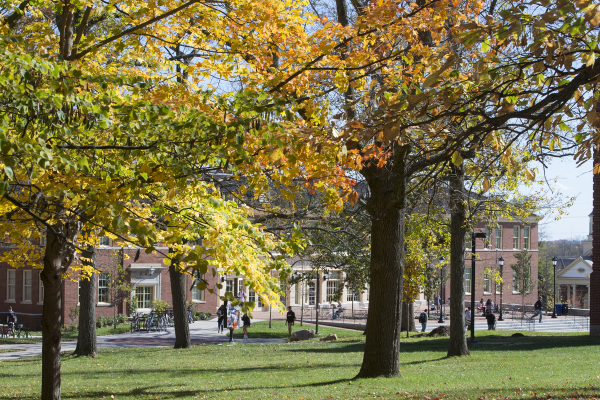 A campus photo with students walking outside of the Armstrong Student Center