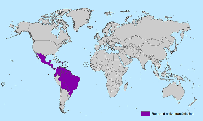 Map shows where the Zeke virus threat is most prominent. (Source: Center for Disease Control)