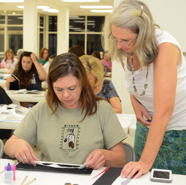 Karen Baldwin teaching ribbonwork