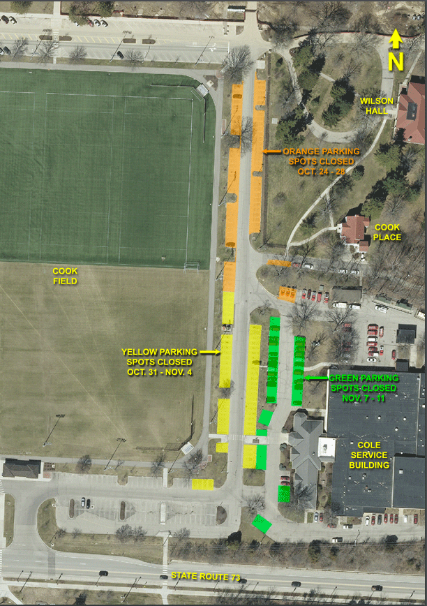 Photo outlines areas of Cook Field parking that will be closed.
