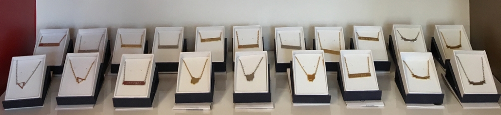 A line of jewelry designed by students from the Miami University Fashion and Design club is available for sale at the Miami University bookstore in the Armstrong Student Center (photo by Gabby Voelkl). 