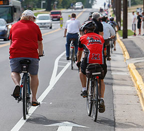 People riding bicycles.