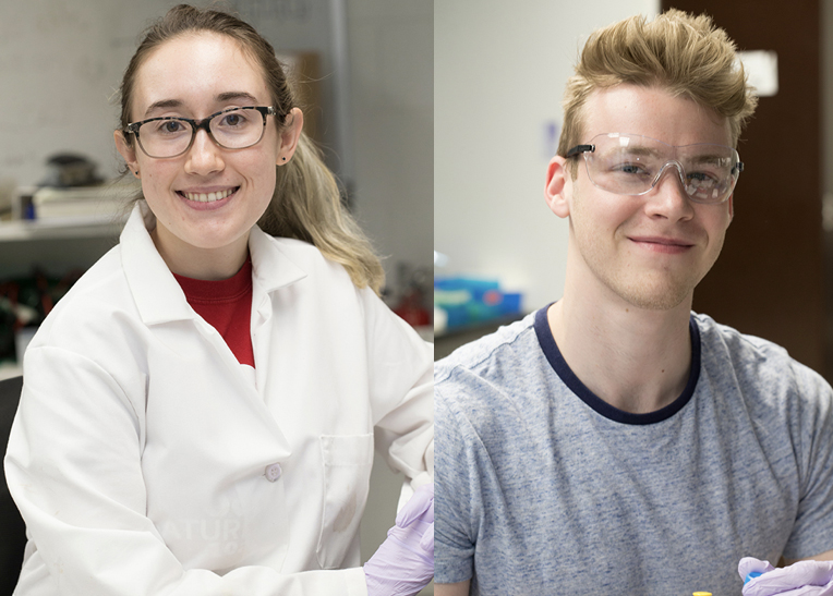 Senior biochemistry majors Matt Morris, at left with faculty mentor Rick Page, and Krystina Hird, at right with faculty mentor Carole Dabney-Smith, received $19,300 Beckman Scholarships for 2018-2019.  