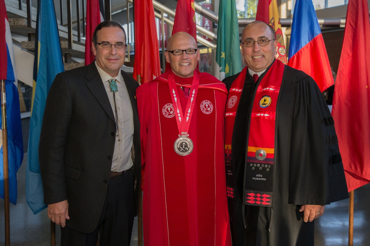 Daryl Baldwin with Miami President Greg Crawford and Chief Douglas Lankford