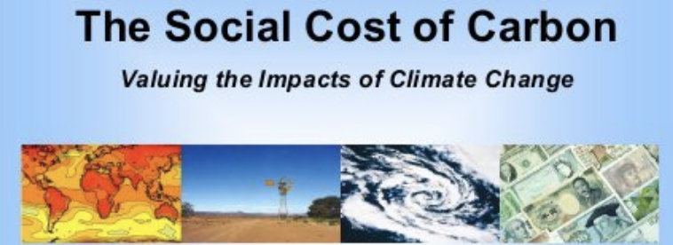 Four images representing climate and cost. Text: The social cost of carbon