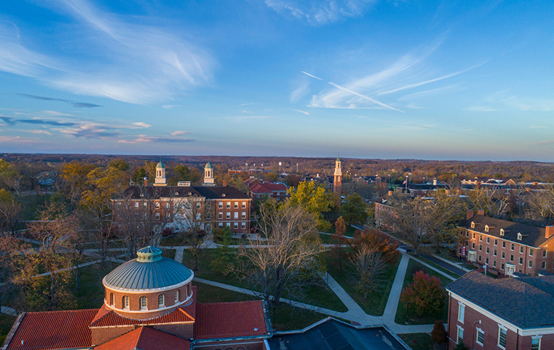 Aerial view of Miami's Oxford campus in the fall over Alumni Hall