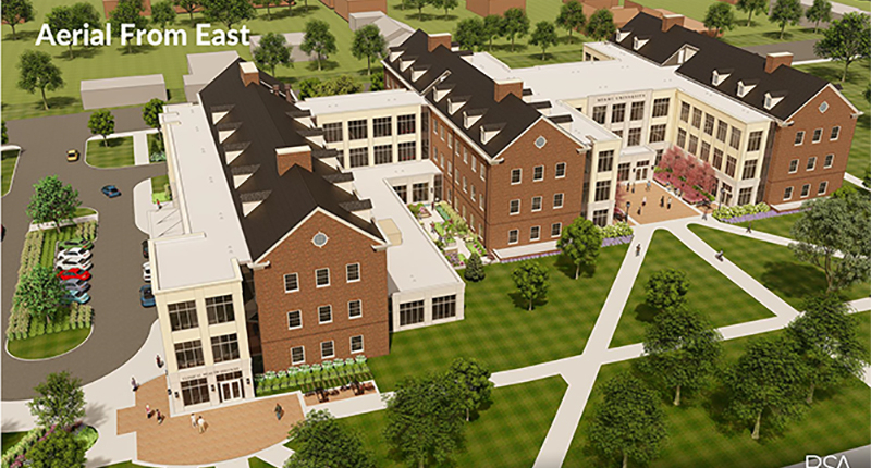 Looking towards Campus Avenue (bird's-eye view from Phillips Hall), the Clinics wing is at left (south), adjacent to the South Parking Garage; the Academic wing is at right (north) facing Nellie Craig Walker Hall. 