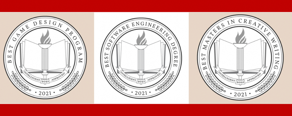 Intelligence.com medals in best game design program, best software engineering degree, and best masters in creative writing in 2021