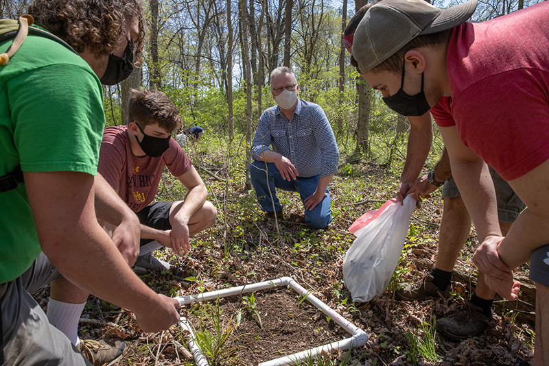 tom crist and four students look at a small sample plot in the erc woods
