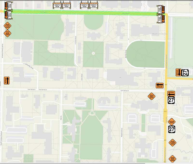 During this project local traffic on U.S. 27 will be detoured onto Spring Street and South Campus Avenue. Through traffic on U.S. 27 will be detoured on U.S. 129 to U.S. 732 to West Chestnut St and South Main St.