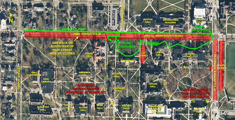 a portion of South Patterson and East High street will be closed to vehicular traffic. The area to be closed is between Campus Avenue, which runs north-south to High Street to the west and South Patterson, which runs N-S of High Street to the east. A portion of South Patterson will also be closed near High Street. 