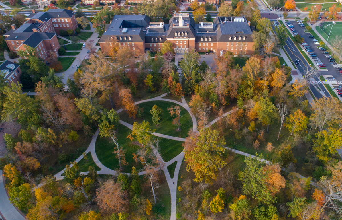 Aerial view of Bishop Woods in fall